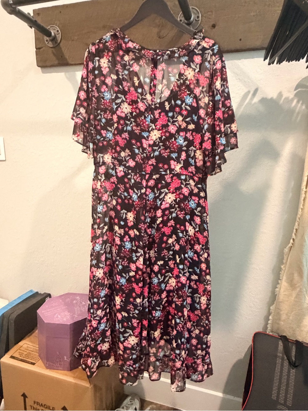 Calvin Klein Black Floral Wrap-Style Midi Dress with Pink & Blue Blooms - Picture 2 of 3
